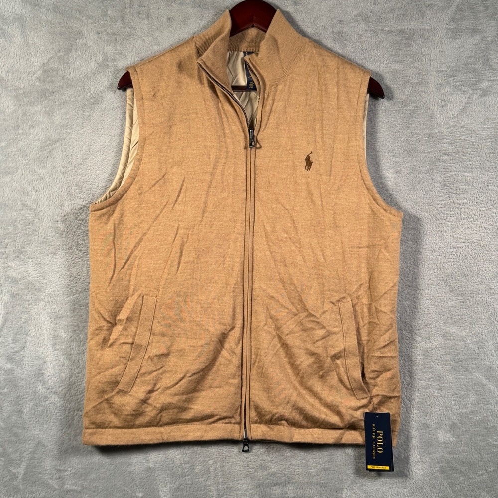 Ralph Lauren Vest Mens M Camel Reversible Hybrid Performance Wool Full Zip $248*
